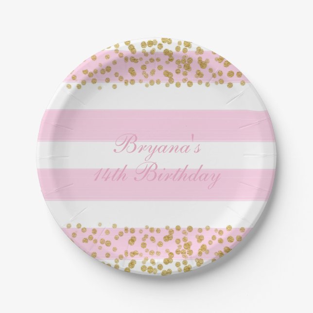 Pink White & Gold Faux Confetti Party Paper Plates (Front)