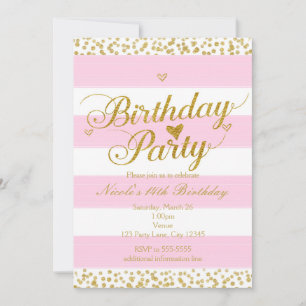 Pink White & Gold Heart Invitations de fête d'anni