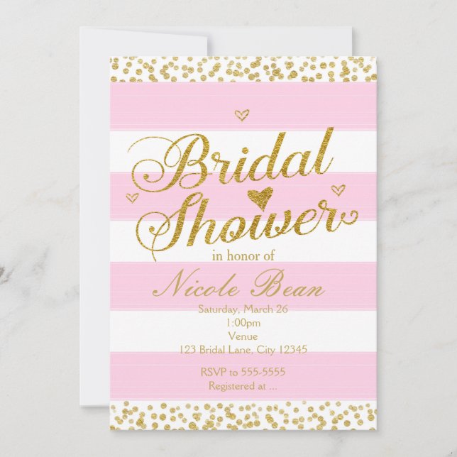 Pink White & Gold Hearts BRIDAL SHOWER Invitations (Front)