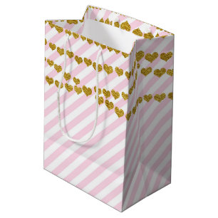 Pink & White Gold Hearts Sac cadeau d'anniversaire