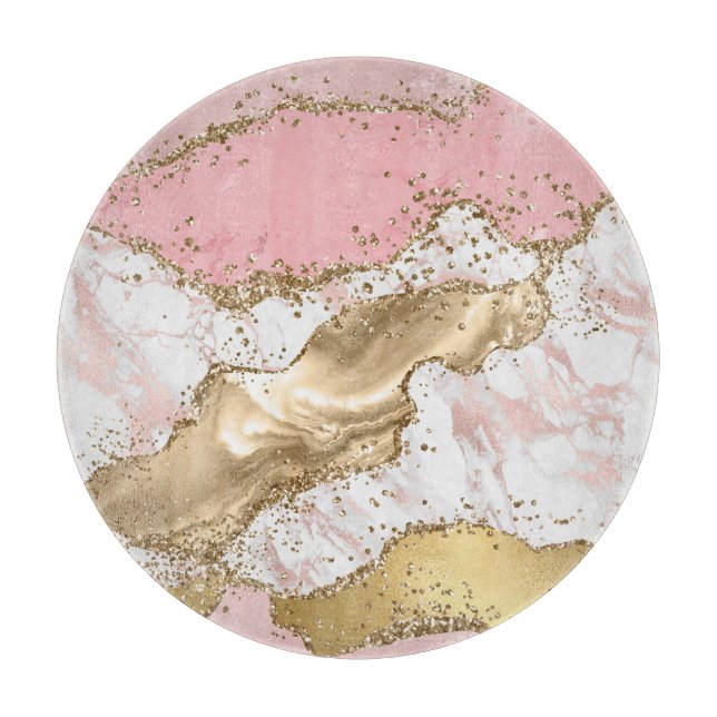 Pink White Golden Mauve Glitter Marbled Agate Cutting Board (Front)