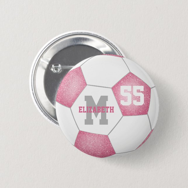 pink white gray girly soccer personalized 2 inch round button (Front & Back)