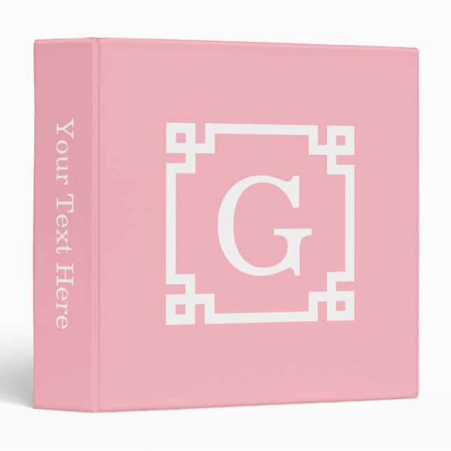 Pink White Greek Key Frame #2 Initial Monogram Binder (Front/Spine)
