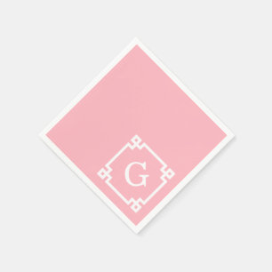 Pink White Greek Key Frame #2 Initial Monogram Napkin
