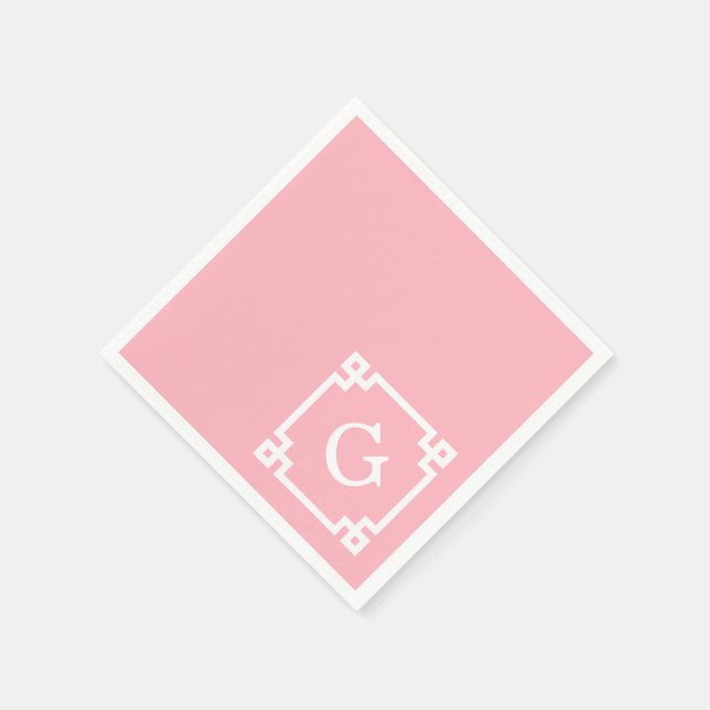 Pink White Greek Key Frame #2 Initial Monogram Napkin (Corner)