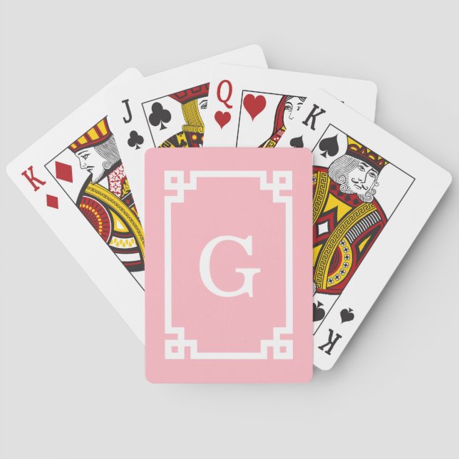 Pink White Greek Key Frame #2 Initial Monogram Playing Cards (Back)