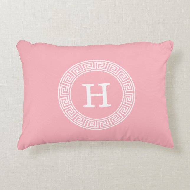 Pink White Greek Key Rnd Frame Initial Monogram Accent Pillow (Front)
