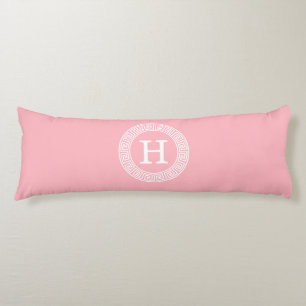 Pink White Greek Key Rnd Frame Initial Monogram Body Pillow