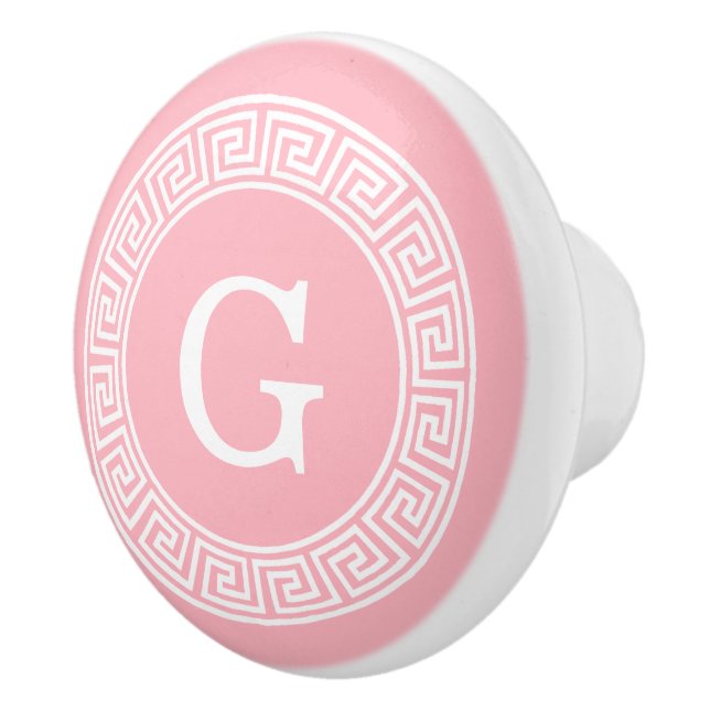Pink White Greek Key Rnd Frame Initial Monogram Ceramic Knob (Right)