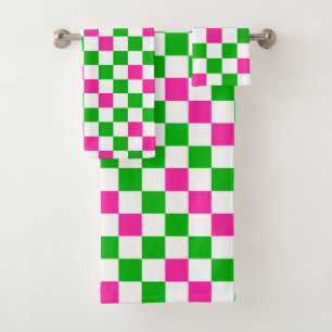 Pink White Green Chequered Design Bath Towel Set