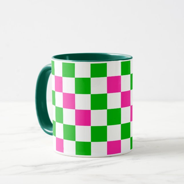 Pink White Green Chequered Design  Mug (Front Left)