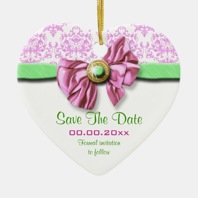 Pink white green damask elegant wedding ceramic ornament (Front)