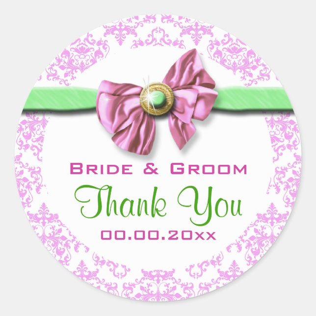 Pink white green damask wedding classic round sticker (Front)