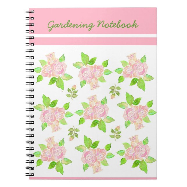 Pink, White, Green Spiral Notebook, Roses Notebook (Front)