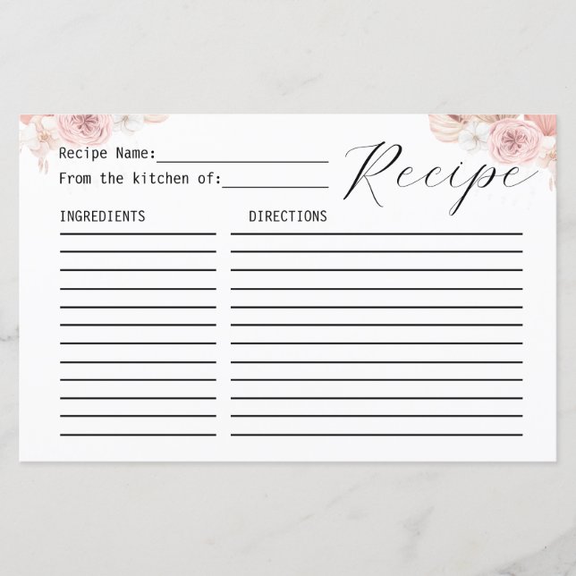 Pink White & Grey Boho Florals Recipe Card (Front)