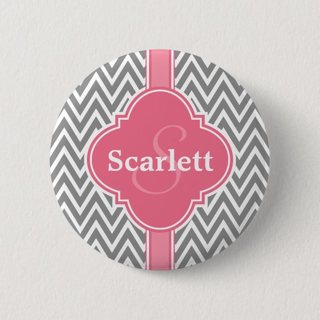 Pink White Grey Chevron Pattern and Monogram 2 Inch Round Button (Front)
