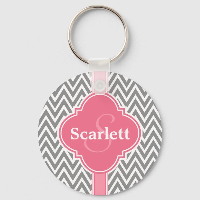 Pink White Grey Chevron Pattern and Monogram Keychain (Front)