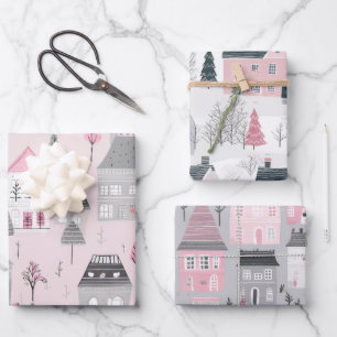 Pink White Grey Christmas Houses Vintage  Wrapping Paper Sheet