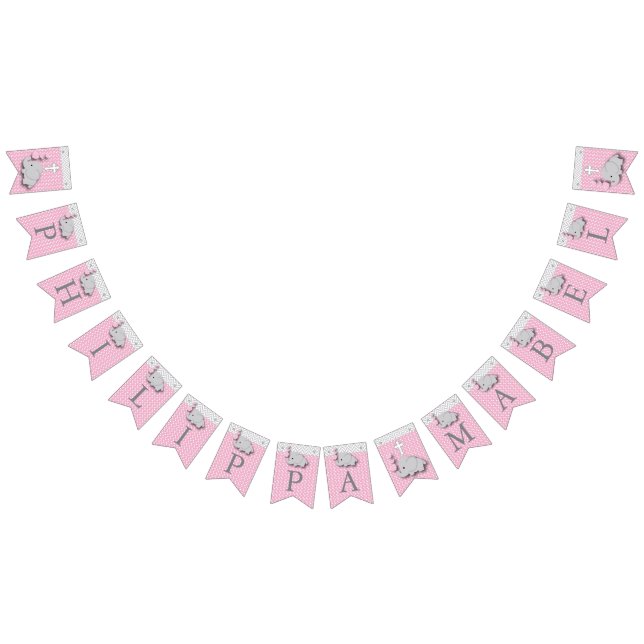 Pink, White Grey 🐘 Elephant Baby - Christening Bunting Flags (All)