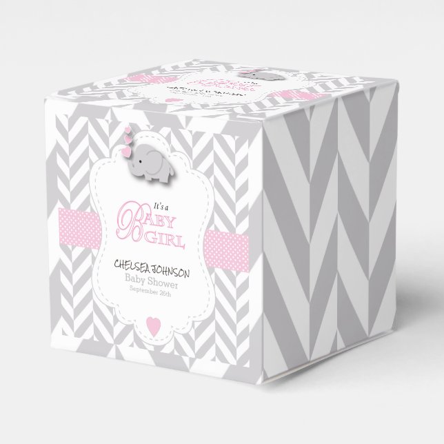 Pink, White Grey Elephant Baby Shower Favor Box (Front Side)