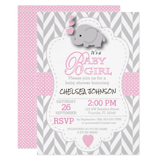 pink, white grey elephant 🐘 baby shower invitation
