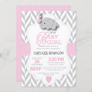 Pink, White Grey Elephant 🐘 Baby Shower Invitation