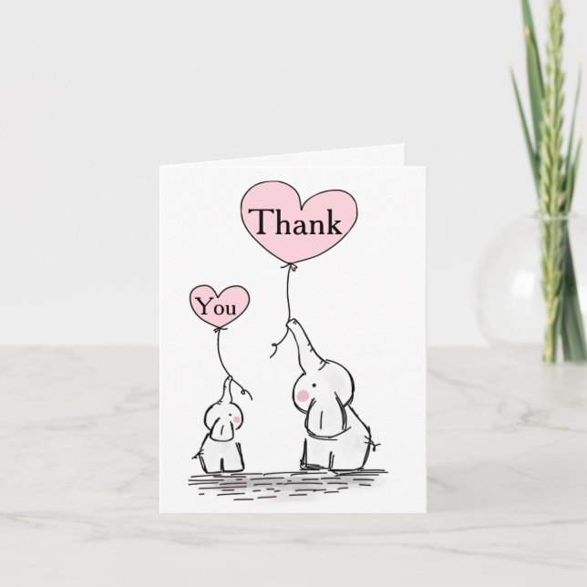 Pink, White Grey Elephant Baby Shower Thank You (Front)