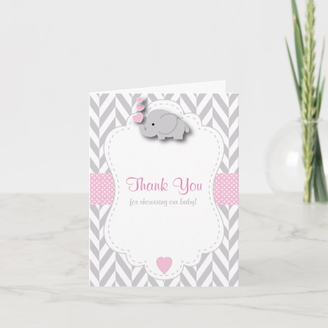 Pink, White Grey Elephant  🐘Baby Shower Thank You (Front)