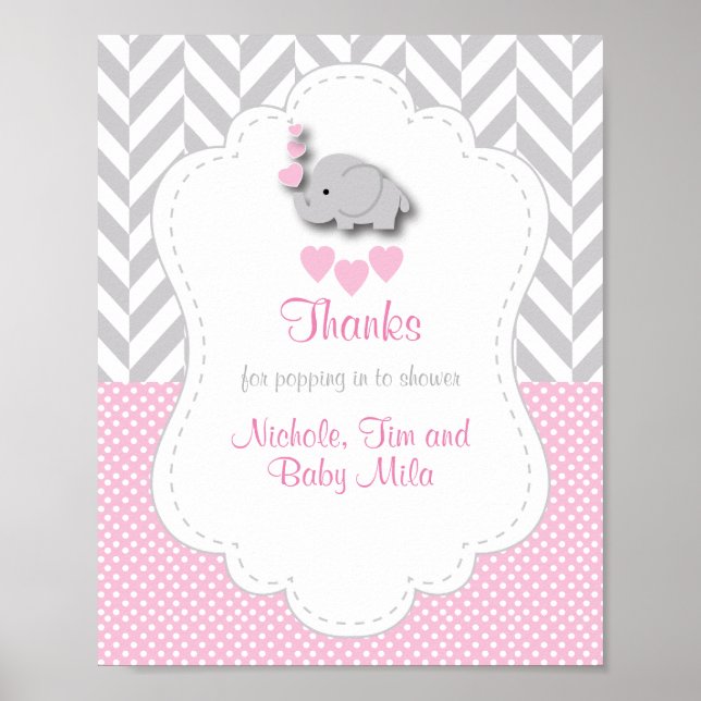 Pink, White Grey Elephant Baby Shower Thank You Poster (Front)