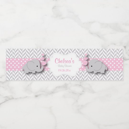 Pink White Grey Elephant Baby Shower Water Bottle Label Zazzle Ca