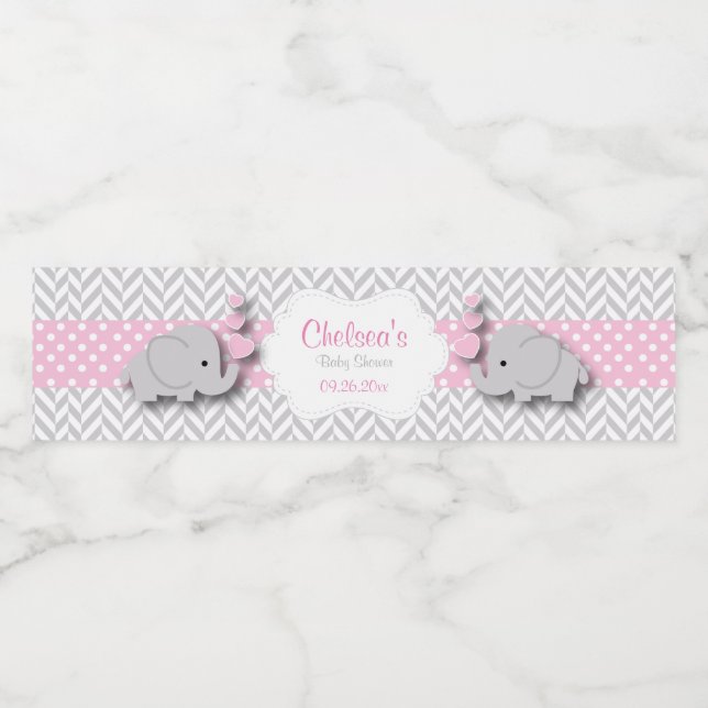 Pink, White Grey Elephant Baby Shower Water Bottle Label (Single Label)