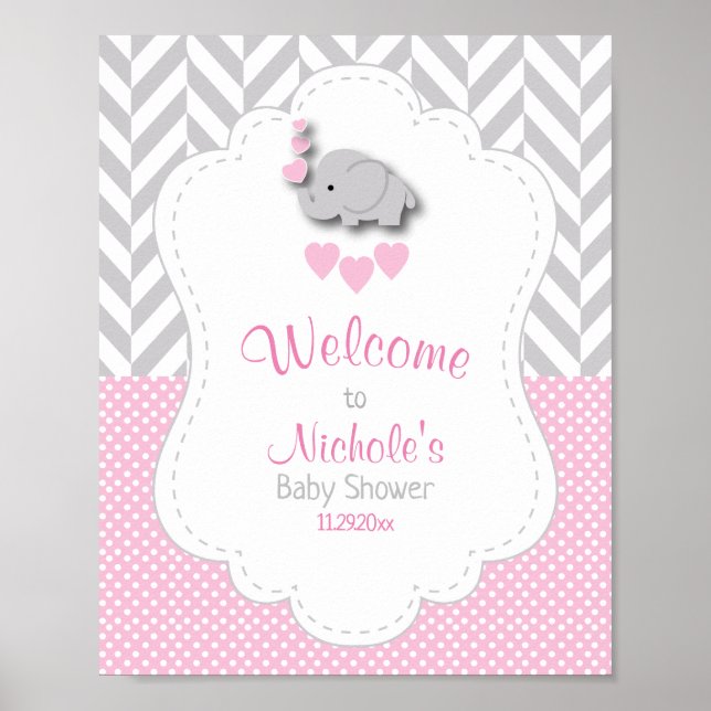 Pink, White Grey Elephant Baby Shower Welcome Poster (Front)