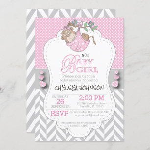 Pink, White Grey Monkey Baby Shower Invitation