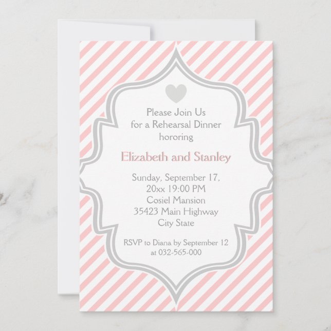 Pink, white, grey stripes wedding Rehearsal Dinner Invitation (Front)