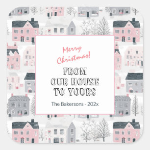 Pink White Grey Vintage Houses Christmas Stickers