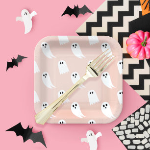 Pink & White Halloween Ghost & Pattern Paper Plate