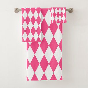 Pink White Harlequin Diamonds Checkers Design Bath Towel Set
