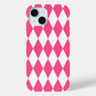 Pink White Harlequin Diamonds Checkers Design  iPhone 15 Case