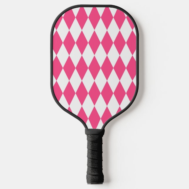 Pink White Harlequin Diamonds Checkers Design  Pickleball Paddle (Front)