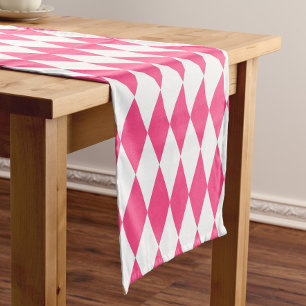 Pink White Harlequin Diamonds Checkers Design Short Table Runner