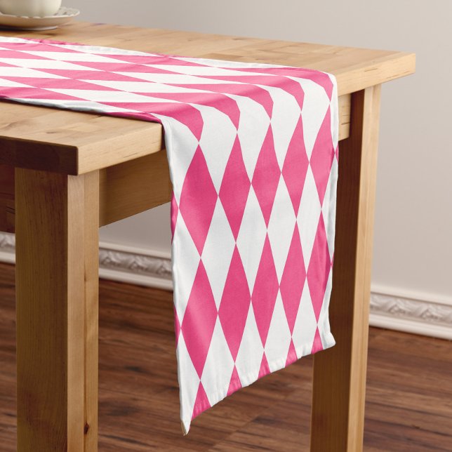Pink White Harlequin Diamonds Checkers Design  Short Table Runner (Creator Uploaded)