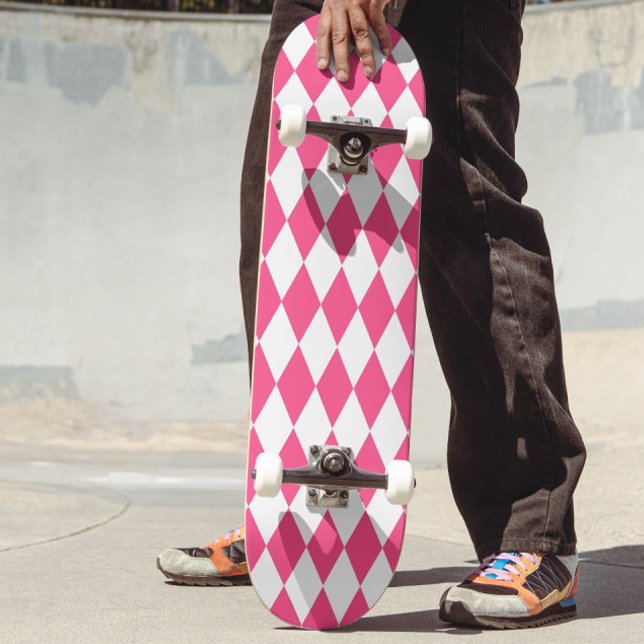Pink White Harlequin Diamonds Checkers Design  Skateboard (Creator Uploaded)
