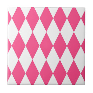 Pink White Harlequin Diamonds Checkers Design  Tile