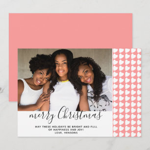 Pink White Heart Merry Christmas Photo Card