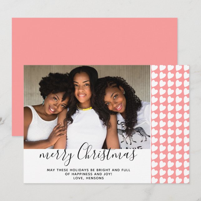 Pink White Heart Merry Christmas Photo Card (Front/Back)