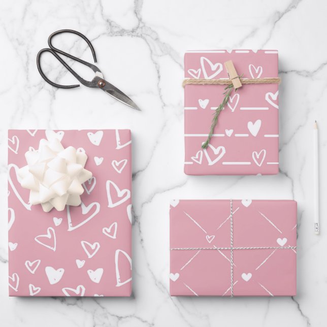 Pink White Heart Wrapping Paper Sheet (Front)