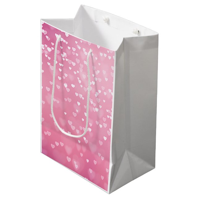 Pink White Hearts Birthday Medium Gift Bag (Front Angled)