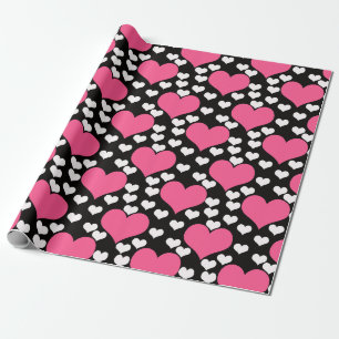 Pink White Hearts On Black Wrapping Paper