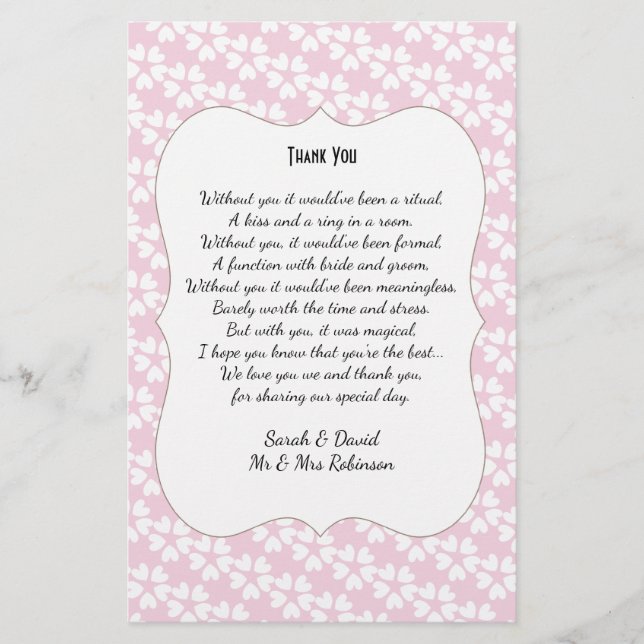 Pink White Hearts Wedding Poem Thank You Scroll Flyer (Front)