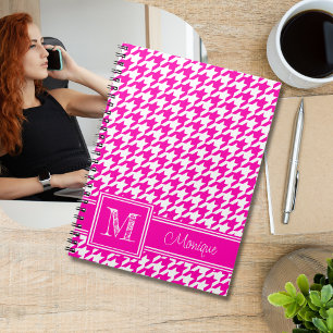 Pink White Houndstooth Modern Monogram Notebook